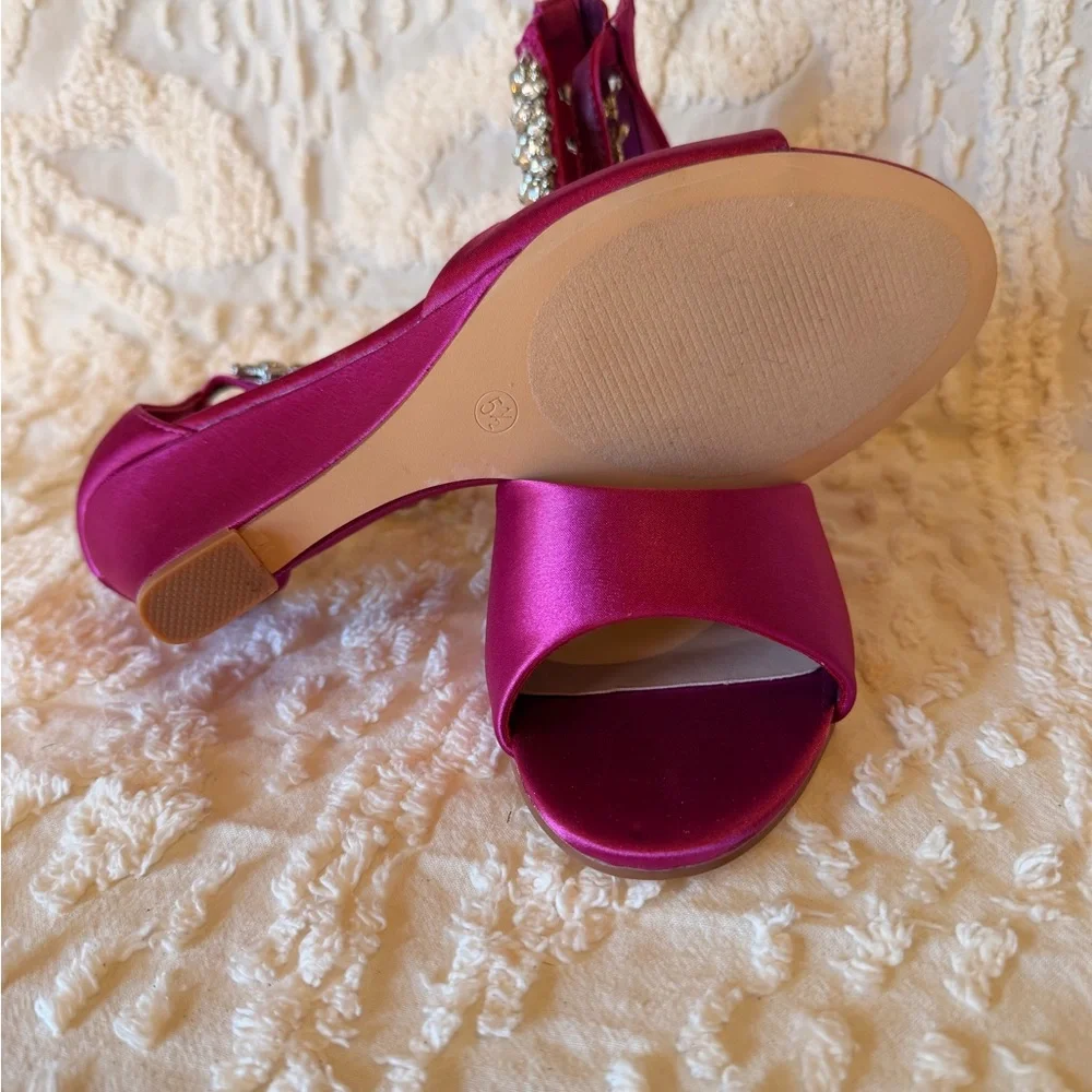 Fuchsia Satin Wedge Sandals with Crystal Ankle Strap #509